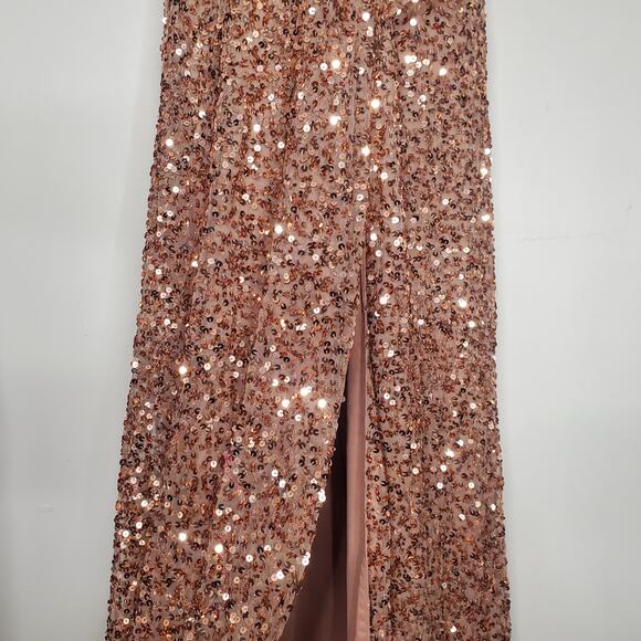 Mac Duggal 5539 High Slit Skirt V-Neck Dress Sequined Wrap Gown Copper Size 4 - Picture 9 of 16